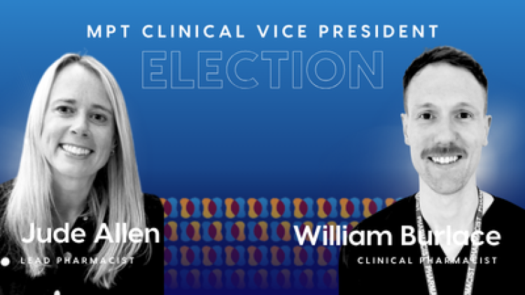 Election candidates on a blue background with the header MPT Clinical Vice President, Election