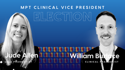 Election candidates on a blue background with the header MPT Clinical Vice President, Election